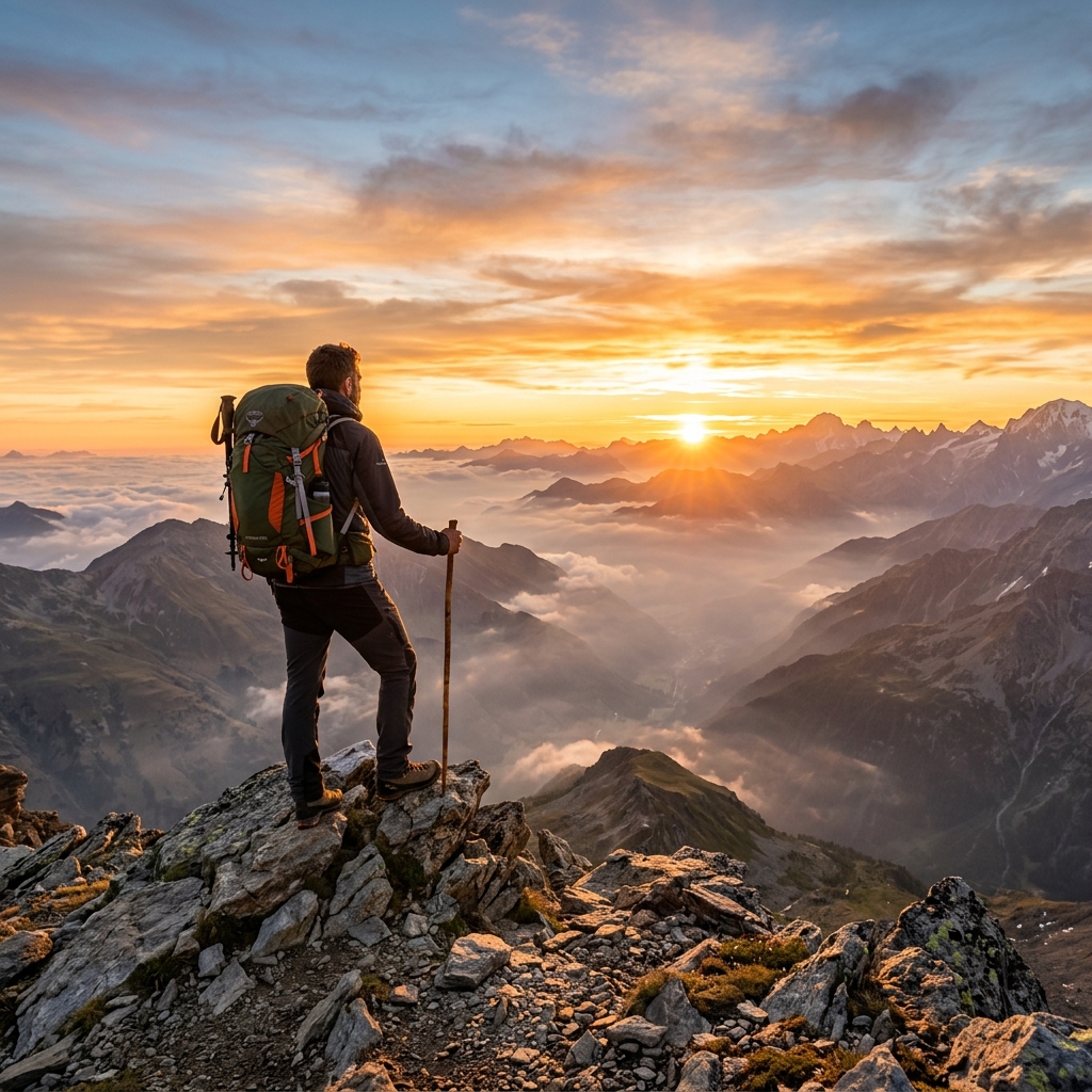 Traveler overlooking mountain peak
